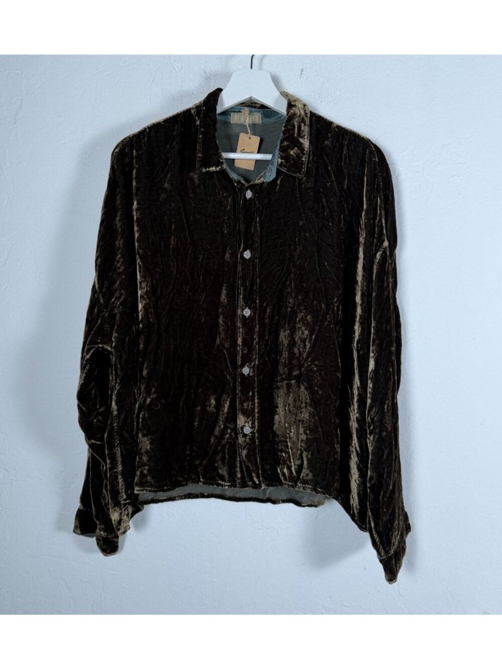CP Shades Ramona Brown Crushed Velvet Button Down Shirt Silk Blend Large New